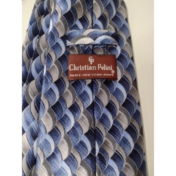 Christian Pelini Handmade All Silk Mens Tie Blue Gray Geometric Business Classic - Picture 3 of 4